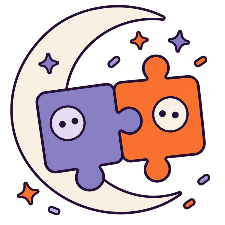 Two people fitting together like puzzle pieces under a moon