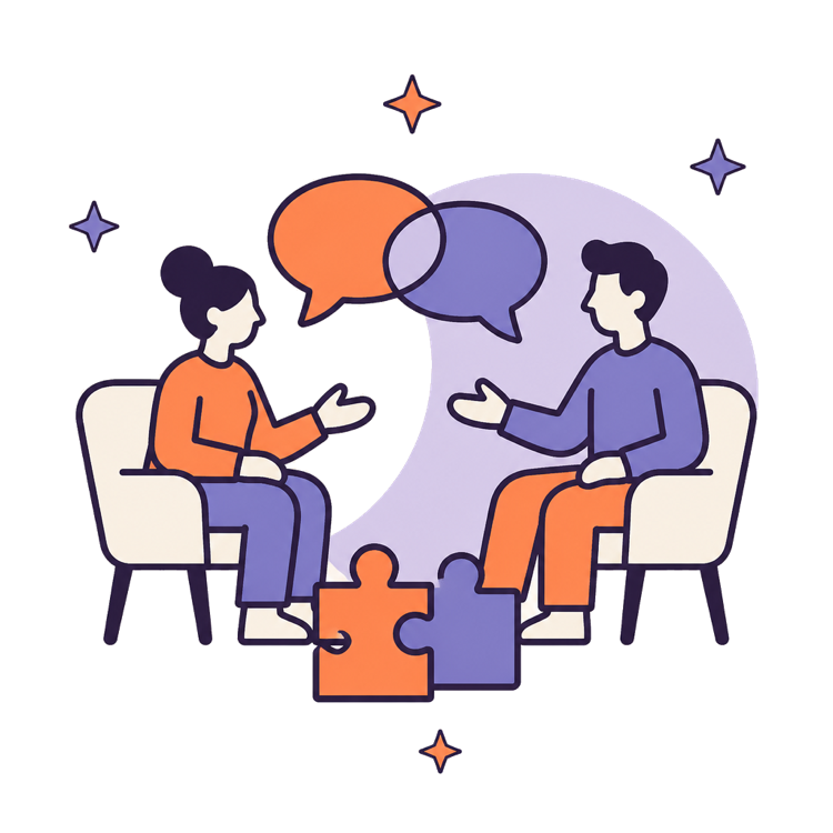 Two people talking, speech bubbles overlapping between them