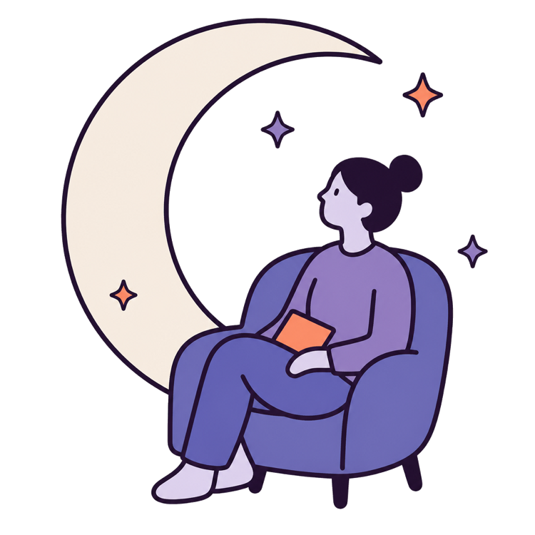 A person sitting quietly with a notebook under a moon